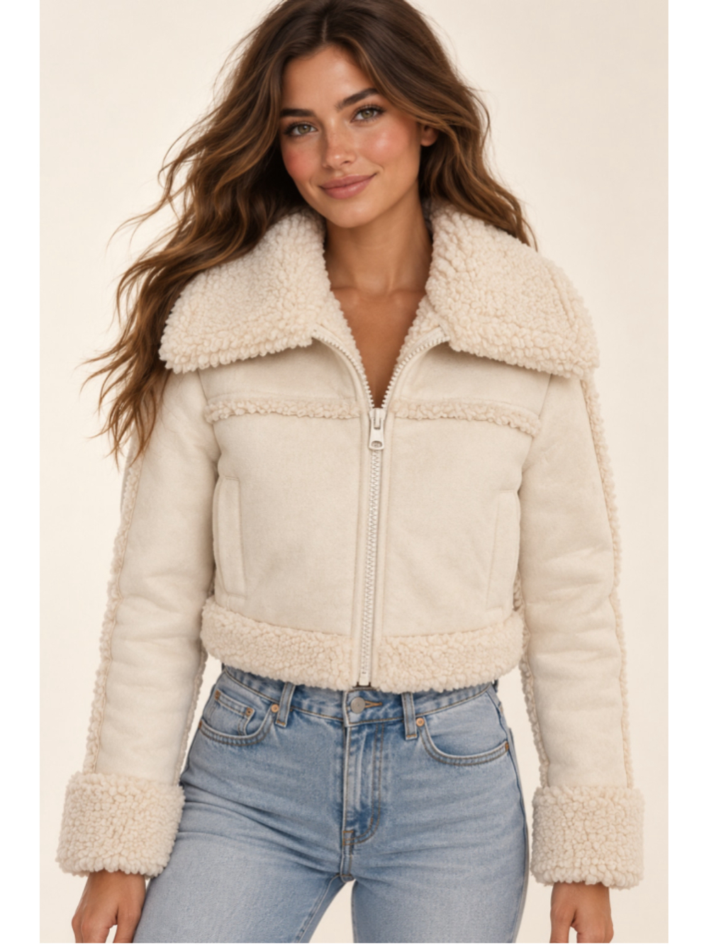Abercrombie & Fitch Ivory Vegan Suede Sherpa Aviator Jacket Cropped XXS
